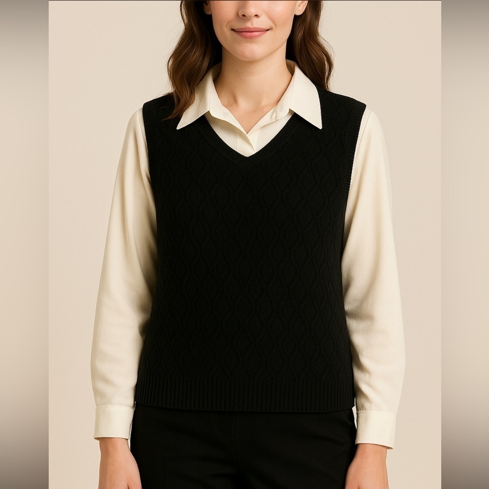 Alfred Dunner Knit Sweater Vest Layered Blouse Top Black Cream Size M